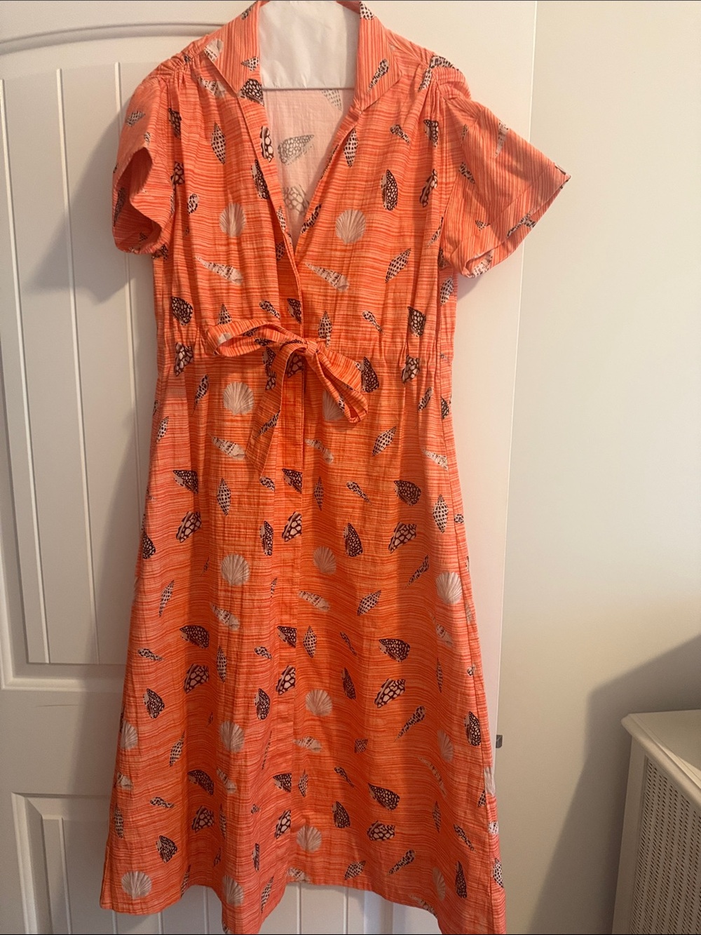 Tie-Waist Orange Midi Dress with Shell Print